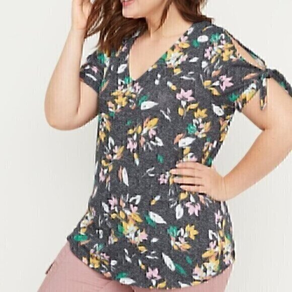 LANE BRYANT Plus Size Tie Sleeve Knit Tee Multi Floral Short Sleeve Cutout Top - Picture 1 of 12